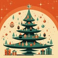 Xmas modern design with Christmas tree, ball, star decoration and gifts boxes. Christmas card, poster, holiday cover or