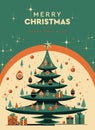 Xmas modern design with Christmas tree, ball, star decoration and gifts boxes. Christmas card, poster, holiday cover or