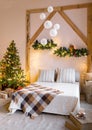 Xmas in morning living room. Sofa bed In christmas Interior. celebrate the new year and holidays. Royalty Free Stock Photo