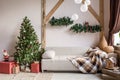 Xmas in morning living room. Sofa bed In christmas Interior. celebrate the new year and holidays. Christmas tree and Royalty Free Stock Photo