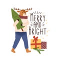 Xmas and New Year greeting card with inscription Merry and Bright vector flat illustration. Funny childish deer carrying