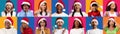 Xmas Offer. Mosaic With Smiling Multiethnic Men And Women Wearing Santa Hats