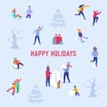 Xmas Party Card or Invitation Poster. People characters on sledges, making snowman, playing in snow, celebrating Royalty Free Stock Photo