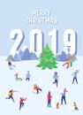 Xmas Party Card or Invitation Poster. People characters on sledges, making snowman, playing in snow, celebrating Royalty Free Stock Photo