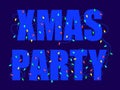 Xmas party. Text braided with Christmas glowing garland. Holiday lights are red, blue and green. Christmas holiday banner. Design Royalty Free Stock Photo