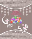 Xmas pastel greeting card with white paper cutting hanging girl angel and lacy decoration, Christmas tree with colorful balls, boy Royalty Free Stock Photo