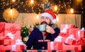 Xmas present and gift. boxing day. hot tea in cold winter. winter holidays. happy new year. christmas time. bearded man