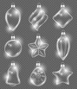 Xmas realistic balls. New year glass toys holiday transparent decoration ribbons ornament vector 3d pictures background Royalty Free Stock Photo