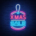 Xmas sale, christmas discount poster, flyer card in neon style. New year discount neon design text. Festive winter sale Royalty Free Stock Photo