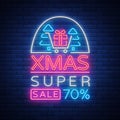 Xmas sale, christmas discount poster, flyer card in neon style. New year discount neon design text. Festive winter sale Royalty Free Stock Photo