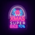 Xmas sale, christmas discount poster, flyer card in neon style. New year discount neon design text. Festive winter sale Royalty Free Stock Photo