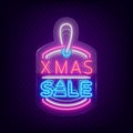 Xmas sale, christmas discount poster, flyer card in neon style. New year discount neon design text. Festive winter sale Royalty Free Stock Photo