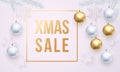 Xmas Sale gold text white poster, golden Christmas ornaments