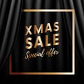 Xmas sale. Special offer. Gold frame. Realistic theater black curtain background. Royalty Free Stock Photo