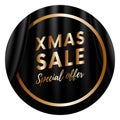 Xmas sale sticker or banner. Special offer. Gold frame. Realistic theater black curtain background. Vector illustration. Royalty Free Stock Photo