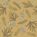 Xmas Seamless pattern with Christmas Tree Decorations, Pine Branches hand drawn art design vector illustration. Royalty Free Stock Photo