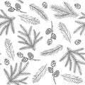 Xmas Seamless pattern with Christmas Tree Decorations, Pine Branches hand drawn art design vector illustration. Royalty Free Stock Photo