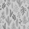 Xmas Seamless pattern with Christmas Tree Decorations, Pine Branches hand drawn art design vector illustration. Royalty Free Stock Photo