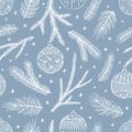 Xmas Seamless pattern with Christmas Tree Decorations, Pine Branches hand drawn art design vector illustration. Royalty Free Stock Photo