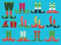 Xmas shoes. Fairytale elf boots and leggings santa boy legs and shoe vector christmas collection