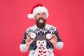 Xmas shopping time. tree decoration. happy man in santa hat. new year party fun. celebrate winter holidays. merry Royalty Free Stock Photo