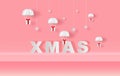 Xmas of Stage mock up Parachute gift box fly air paper cut and craft style. Merry Christmas and Happy new year. Hanging snowing