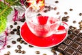 Xmas still life empty glass cup, coffee beans, chocolate, christmas tree and balls Royalty Free Stock Photo