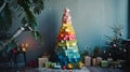 Xmas tree made by paper stickers. Christmas, New year and business concept. Reminding of unfinished tasks and new goals.