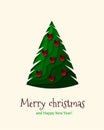 Xmas tree with red balls. New Year poster, banner, postcard, invitation. Background in paper cut style. Royalty Free Stock Photo