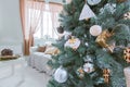 Xmas tree and room holiday interior. New Year and Merry Christmas at home background. Royalty Free Stock Photo