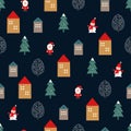 Xmas tree, Santa Claus, houses and cute snowman seamless pattern on dark blue background.