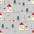 Xmas tree, Santa Claus, houses and snowman seamless pattern on grey background.