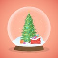 Xmas tree snow ball vector illustration. Crystal glass globe, Christmas toy, New Year decoration on pink background Royalty Free Stock Photo