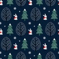 Xmas tree, snowflakes, rabbit seamless pattern on dark blue background.