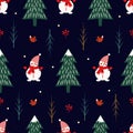 Xmas tree, snowman, squirrel seamless pattern on dark blue background.