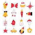 Xmas tree toys. Different new year decorative isolated elements, christmas fancy trinkets, festive accessories, holiday