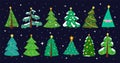 Xmas trees, cute ornament patterns. Holiday winter decorative elements, snow white lights. Forest snowy coniferous