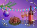 Xmas vector concept illustration - red wine bottle with glasses and grapes