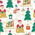 Xmas vector seamless pattern with Santa, snowmen, sleds with gift boxes and Christmas trees