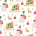 Xmas vector seamless pattern with  snowman, Santa`s sleigh with gifts Royalty Free Stock Photo