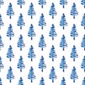 XMAS watercolor Fir Tree Seamless Pattern in Blue Color. Hand Painted Spruce Pine tree background or wallpaper for