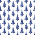 XMAS watercolor Fir Tree Seamless Pattern in Blue Color. Hand Painted Spruce Pine tree background or wallpaper for