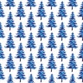 XMAS watercolor Fir Tree Seamless Pattern in Blue Color. Hand Painted Spruce Pine tree background or wallpaper for