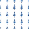 XMAS watercolor Fir Tree Seamless Pattern in Blue Color. Hand Painted Spruce Pine tree background or wallpaper for