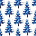 XMAS watercolor Fir Tree Seamless Pattern in Blue Color. Hand Painted Spruce Pine tree background or wallpaper for