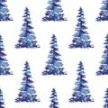 XMAS watercolor Fir Tree Seamless Pattern in Blue Color. Hand Painted Spruce Pine tree background or wallpaper for