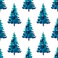 XMAS watercolor Pine Tree Seamless Pattern in Blue Color. Hand Painted fir tree background or wallpaper for Ornament