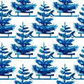 XMAS watercolor Pine Tree and Sleigh Seamless Pattern in Blue Color. Hand Painted fir tree background or wallpaper for