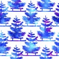 XMAS watercolor Pine Tree and Sleigh Seamless Pattern in Blue Color. Hand Painted fir tree background or wallpaper for