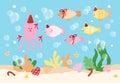 Christmas and New Year illustration with sea lives such as octopus, fish wearing Santa hat, sea shell, starfish, coral reef Royalty Free Stock Photo